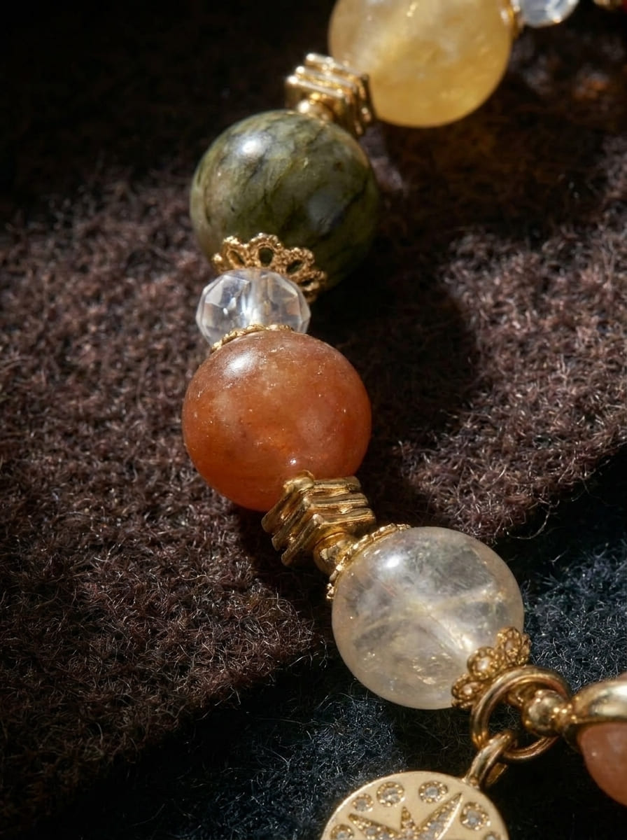 Warm Jade Fortune · Rose Quartz, Green Rutilated & Citrine Bracelet