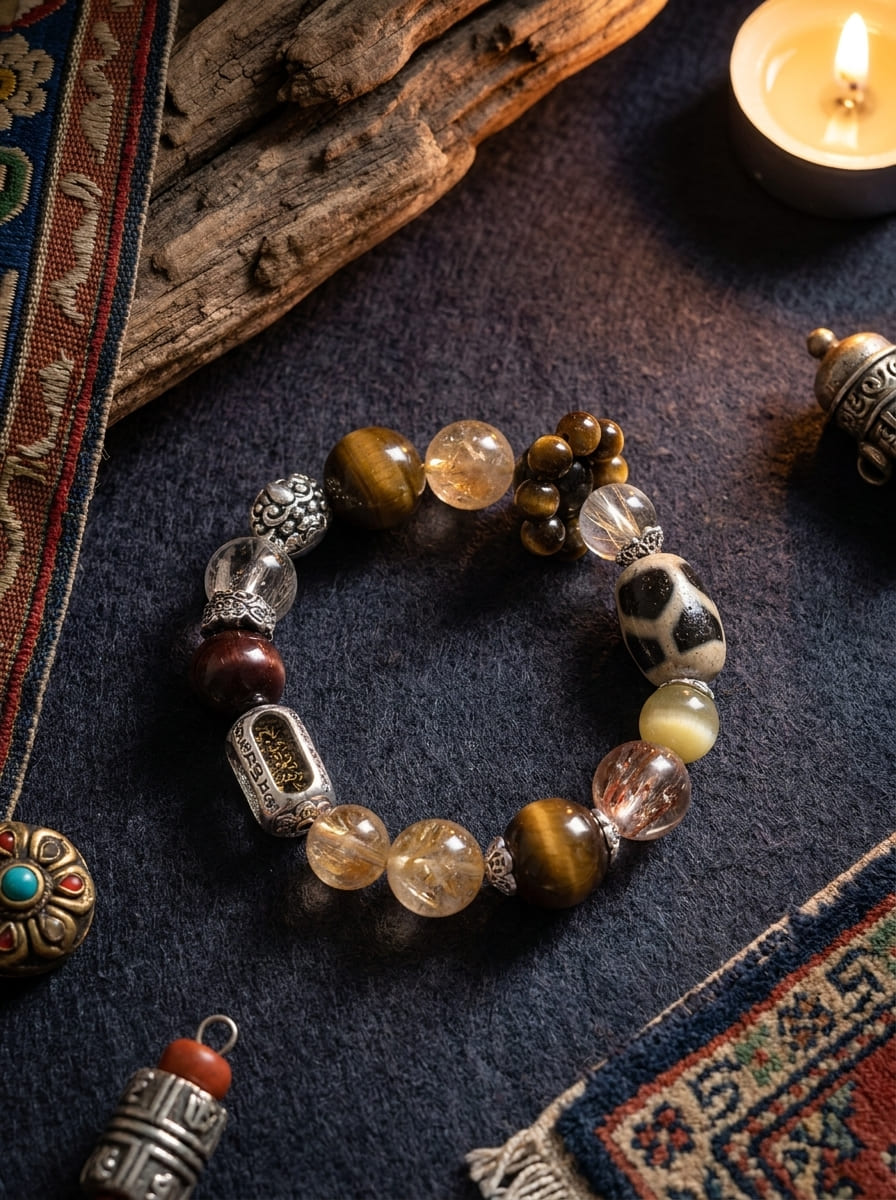 Golden Overlord Dzi Bead · Tiger Eye Crystal Multi-Gem Bracelet