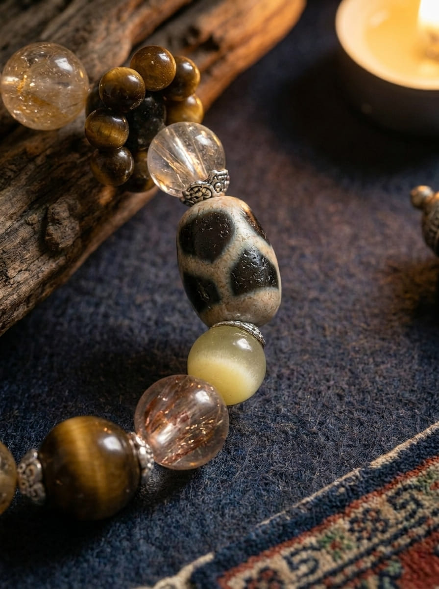 Golden Overlord Dzi Bead · Tiger Eye Crystal Multi-Gem Bracelet
