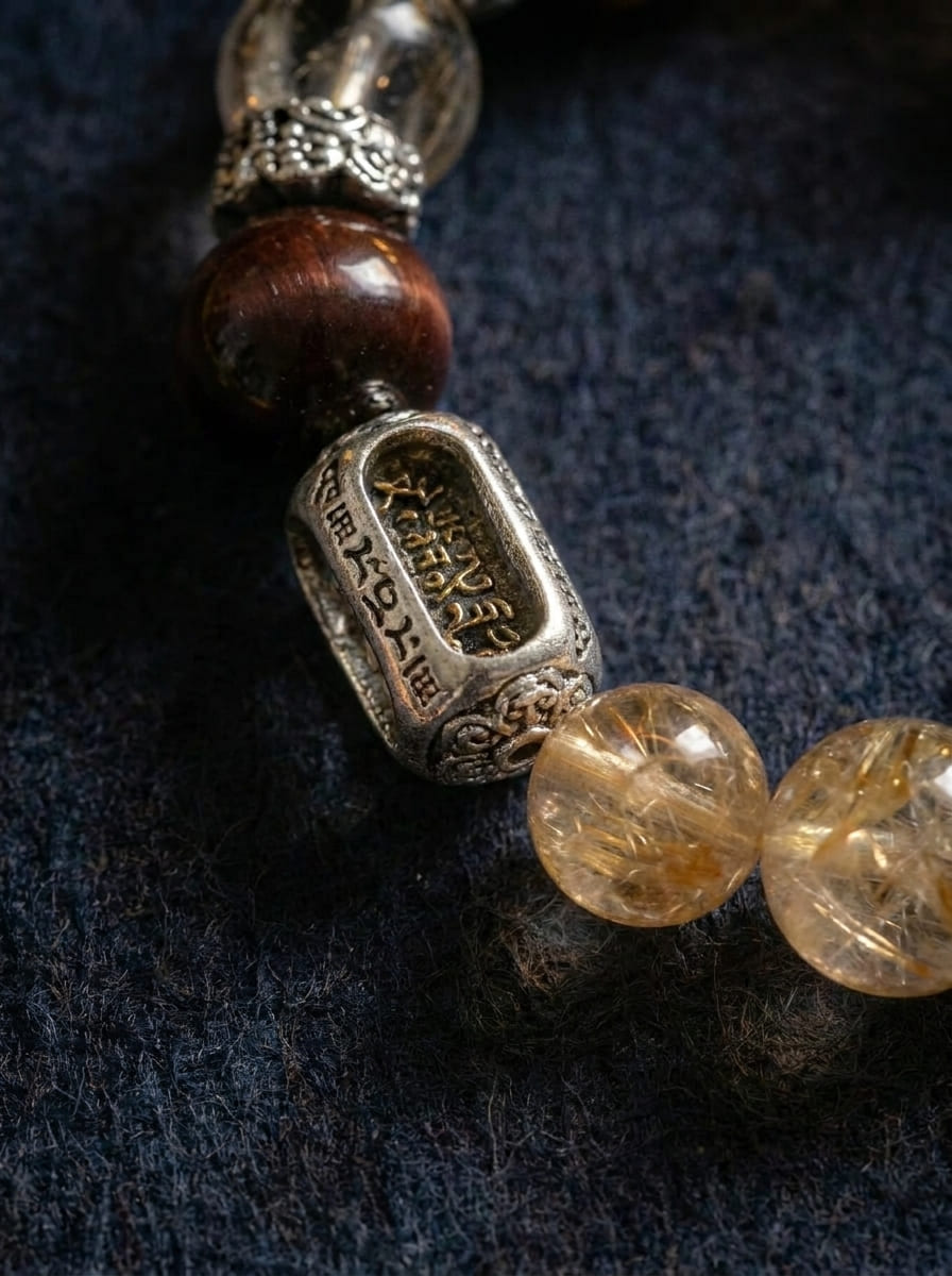 Golden Overlord Dzi Bead · Tiger Eye Crystal Multi-Gem Bracelet
