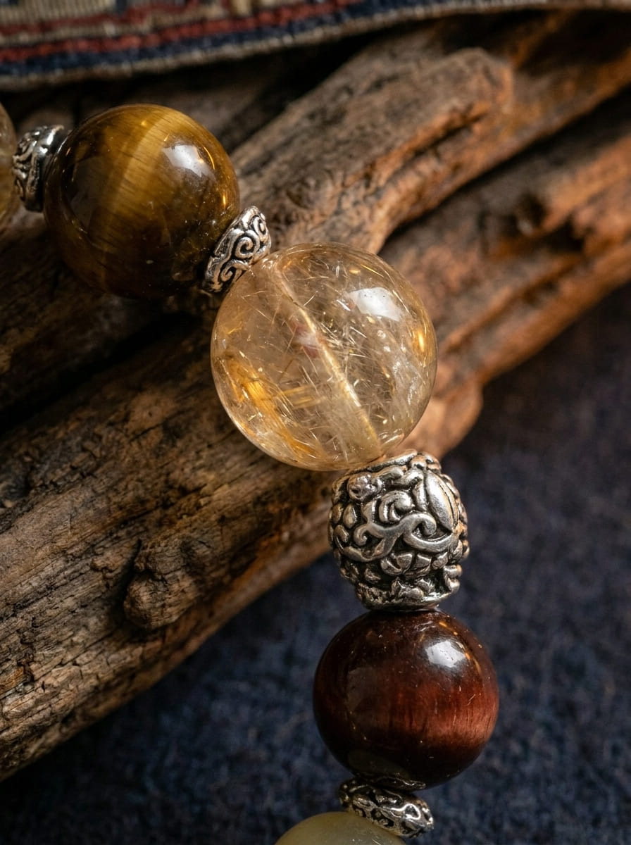 Golden Overlord Dzi Bead · Tiger Eye Crystal Multi-Gem Bracelet