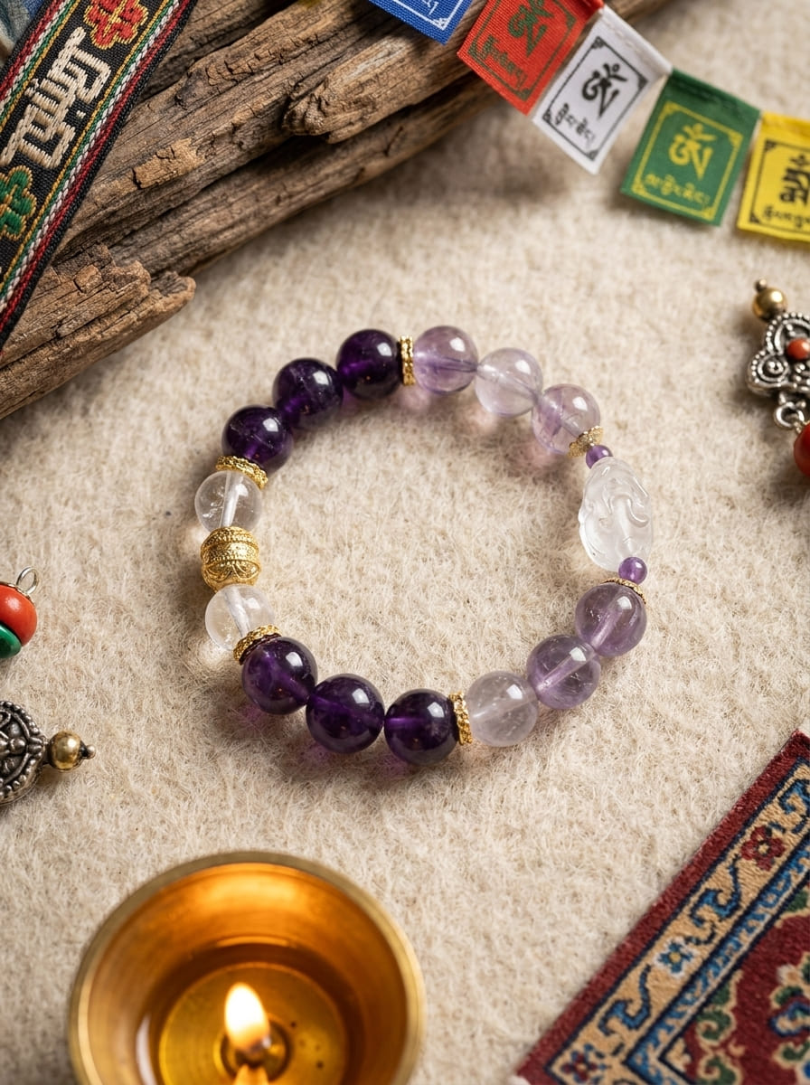 「Purple Realm Lotus Heart」 Amethyst & Clear Crystal Bracelet