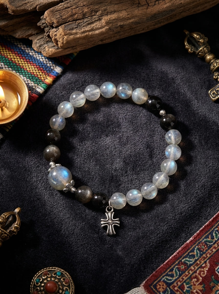 Misty Moonlight · Moonstone and Silver Obsidian Bracelet