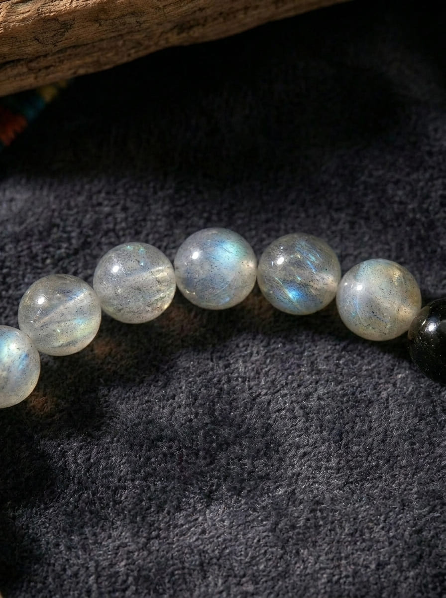 Misty Moonlight · Moonstone and Silver Obsidian Bracelet
