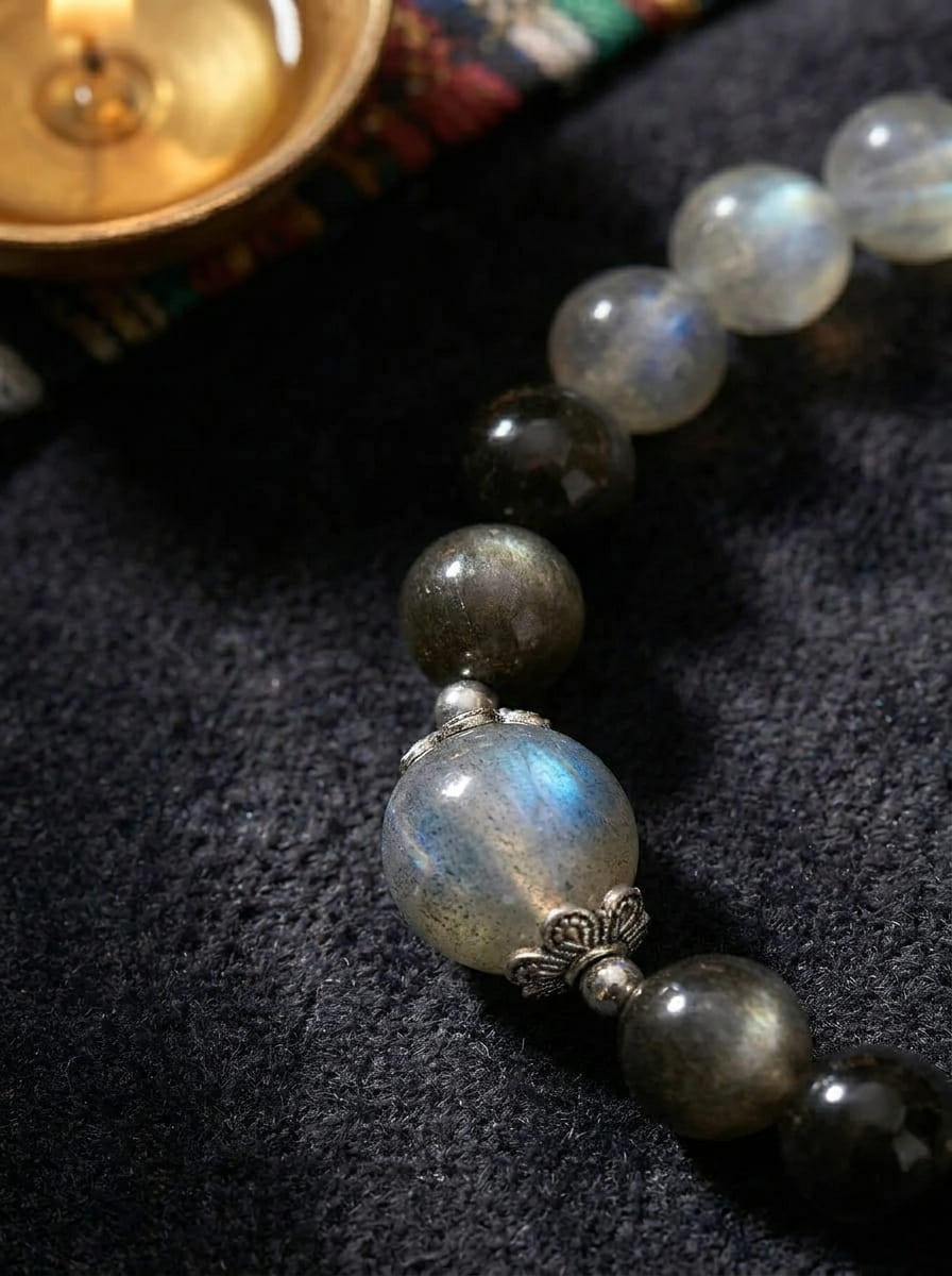 Misty Moonlight · Moonstone and Silver Obsidian Bracelet
