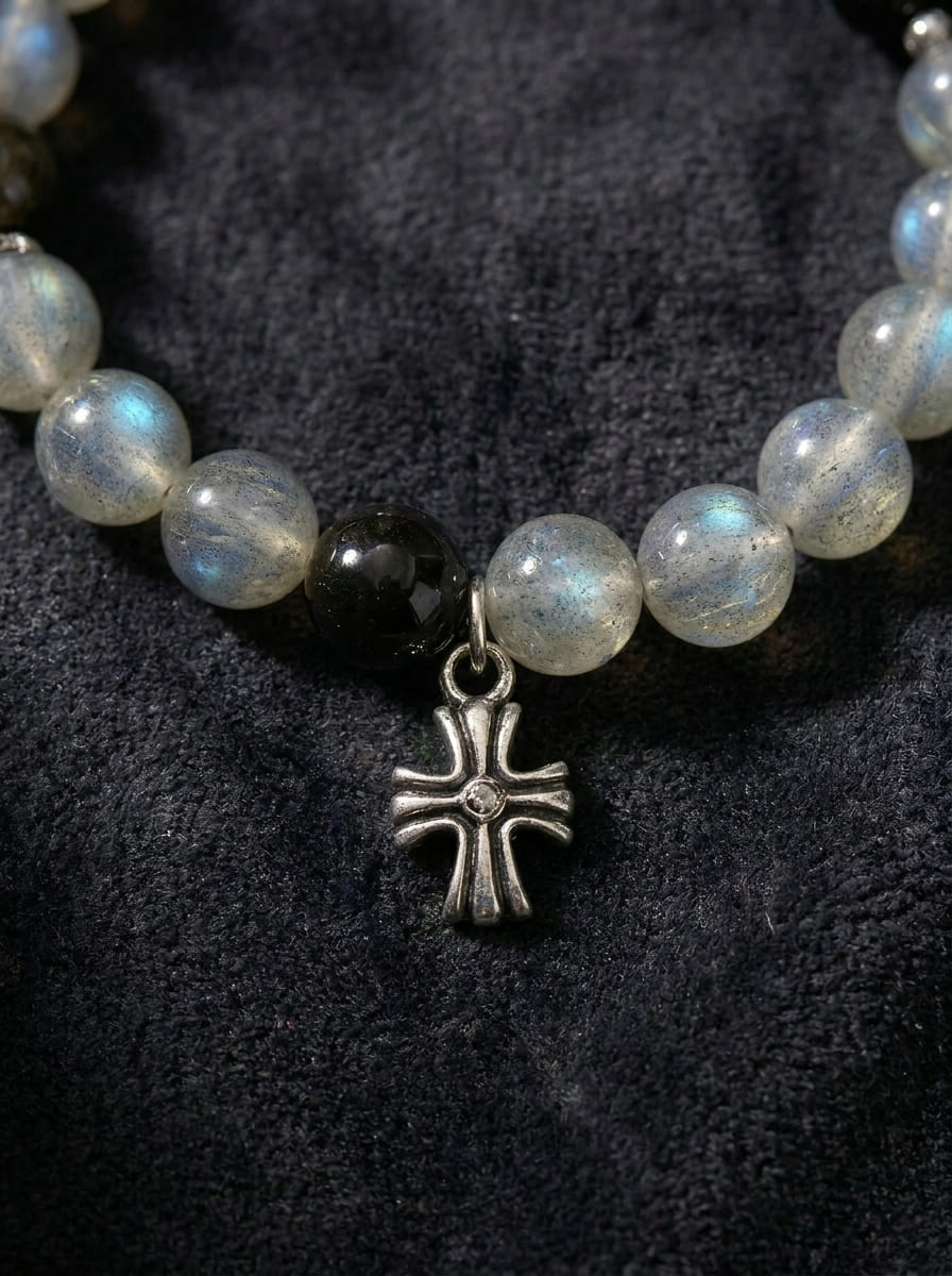 Misty Moonlight · Moonstone and Silver Obsidian Bracelet