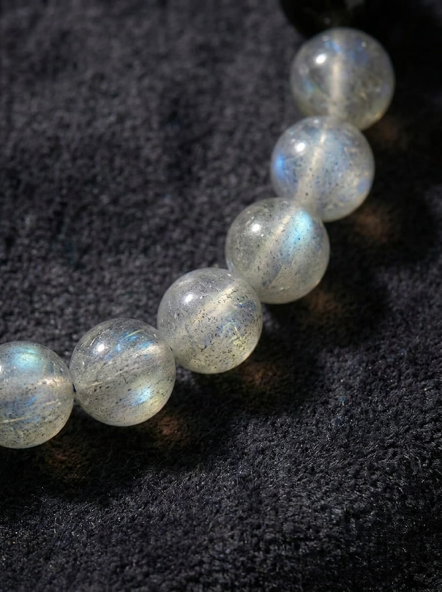 Misty Moonlight · Moonstone and Silver Obsidian Bracelet