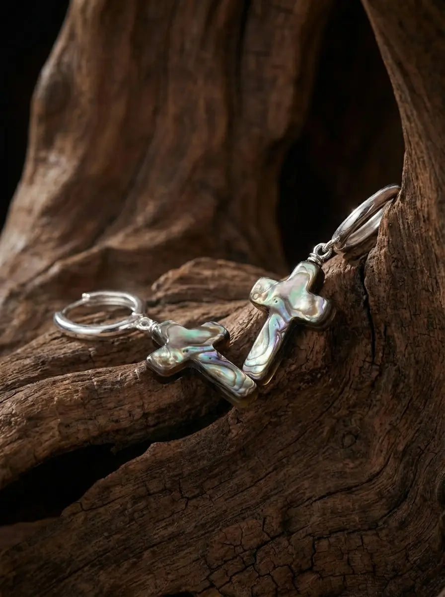 「Spirit of Life」Designer's Original Mother of Pearl Cross S925 Silver Earrings