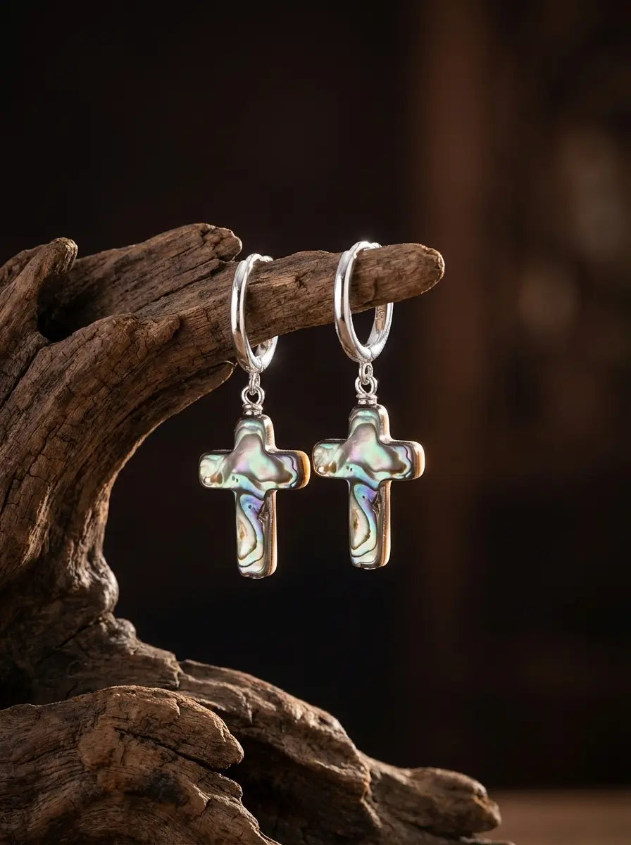 「Spirit of Life」Designer's Original Mother of Pearl Cross S925 Silver Earrings
