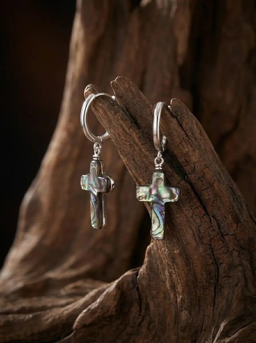 「Spirit of Life」Designer's Original Mother of Pearl Cross S925 Silver Earrings