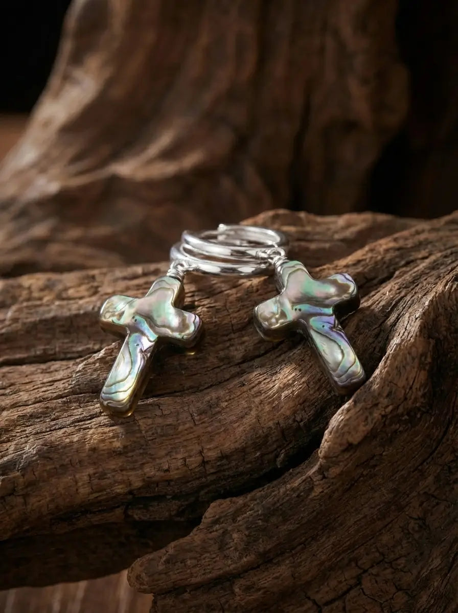 「Spirit of Life」Designer's Original Mother of Pearl Cross S925 Silver Earrings