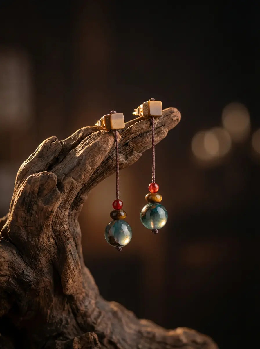 「Zen Style」 New Chinese Style Handmade Tiger's Eye Stone Earrings
