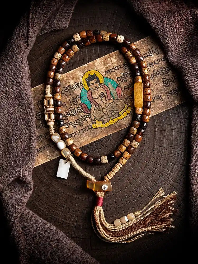 Dharma Mystique" Star Moon Bodhi & Amber Mala Bracelet