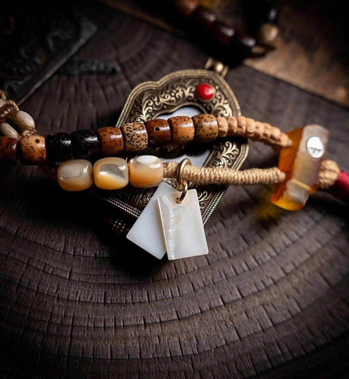Dharma Mystique" Star Moon Bodhi & Amber Mala Bracelet