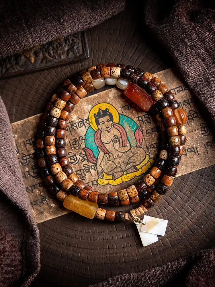 Dharma Chant" Star Moon Bodhi & Amber Mala Bracelet