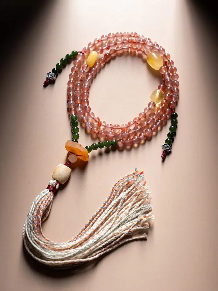 Warm Sun Dharma Silhouette" Nanhong Agate & Amber Mala