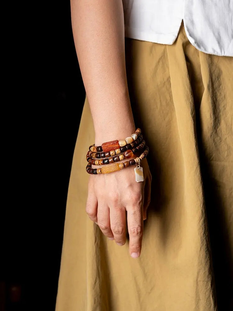 Dharma Chant" Star Moon Bodhi & Amber Mala Bracelet