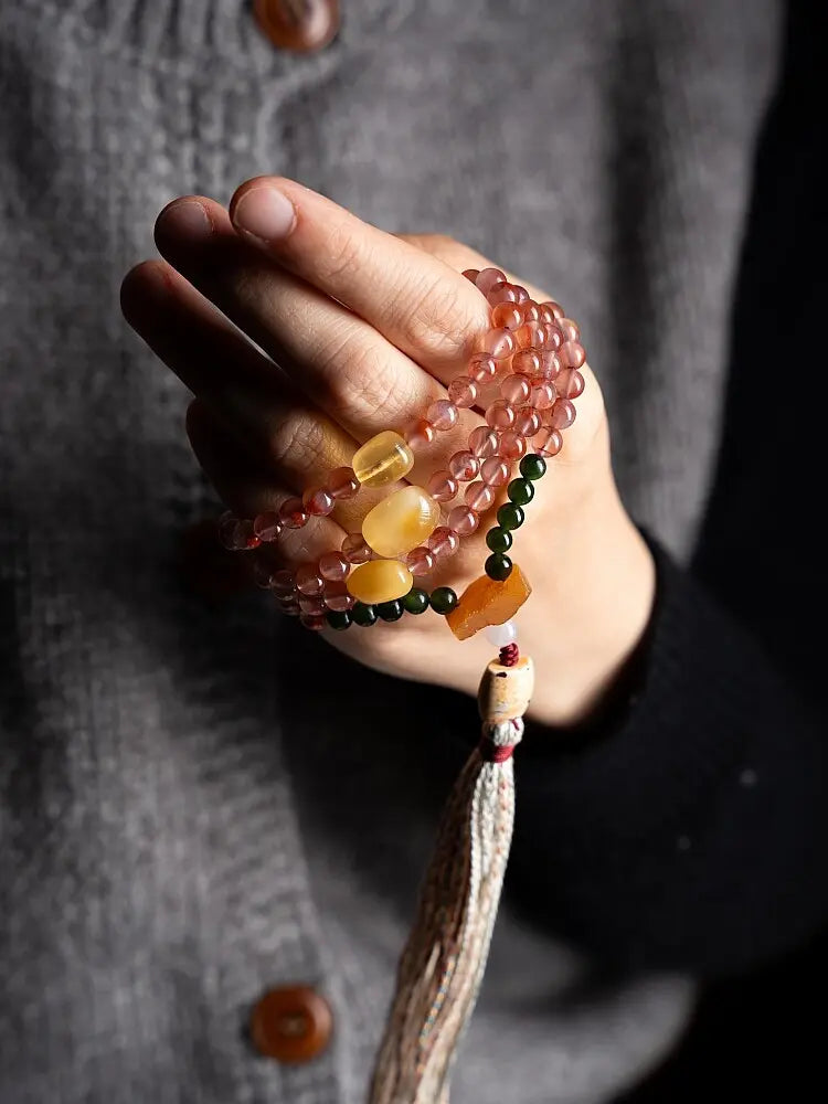 Warm Sun Dharma Silhouette" Nanhong Agate & Amber Mala
