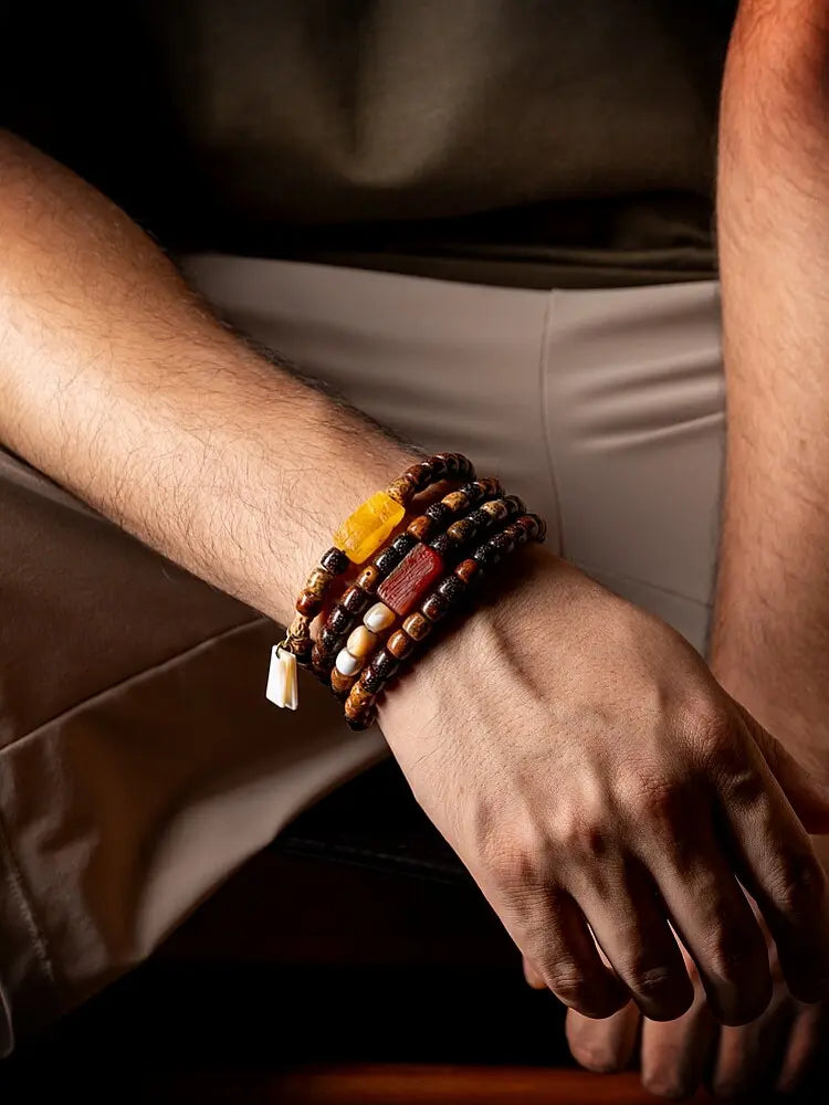 Dharma Chant" Star Moon Bodhi & Amber Mala Bracelet