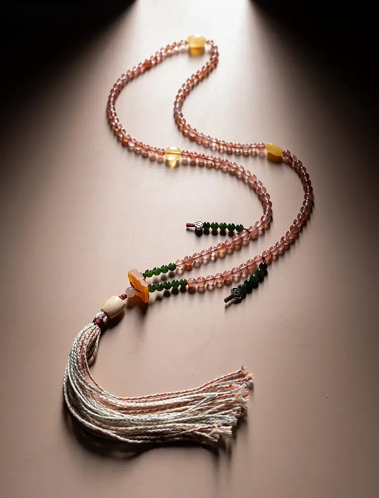 Warm Sun Dharma Silhouette" Nanhong Agate & Amber Mala