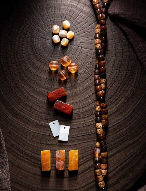 Dharma Chant" Star Moon Bodhi & Amber Mala Bracelet