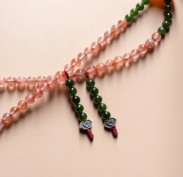 Warm Sun Dharma Silhouette" Nanhong Agate & Amber Mala
