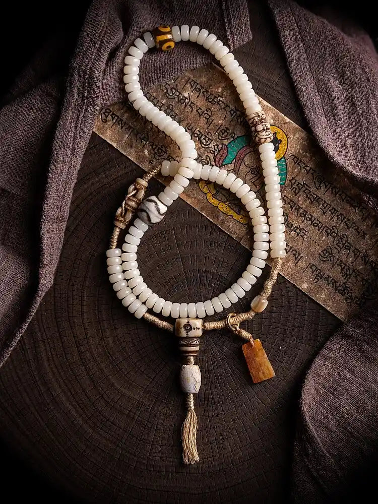 "Pure Mind" White Bodhi Root & Dzi Bead Mala Bracelet Necklace