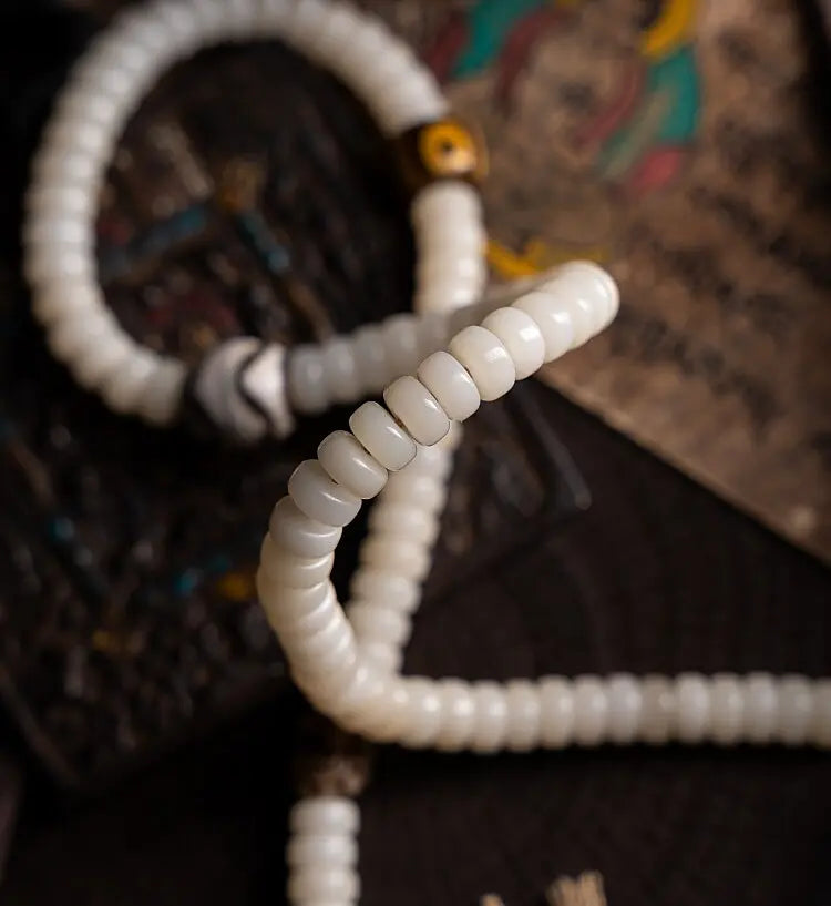 "Pure Mind" White Bodhi Root & Dzi Bead Mala Bracelet Necklace