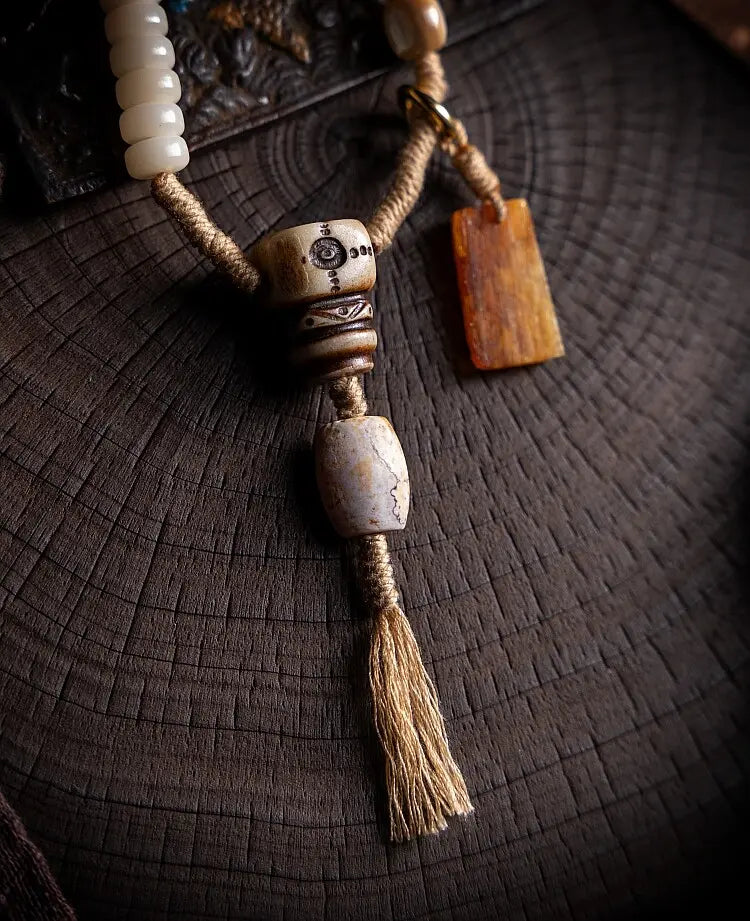 "Pure Mind" White Bodhi Root & Dzi Bead Mala Bracelet Necklace
