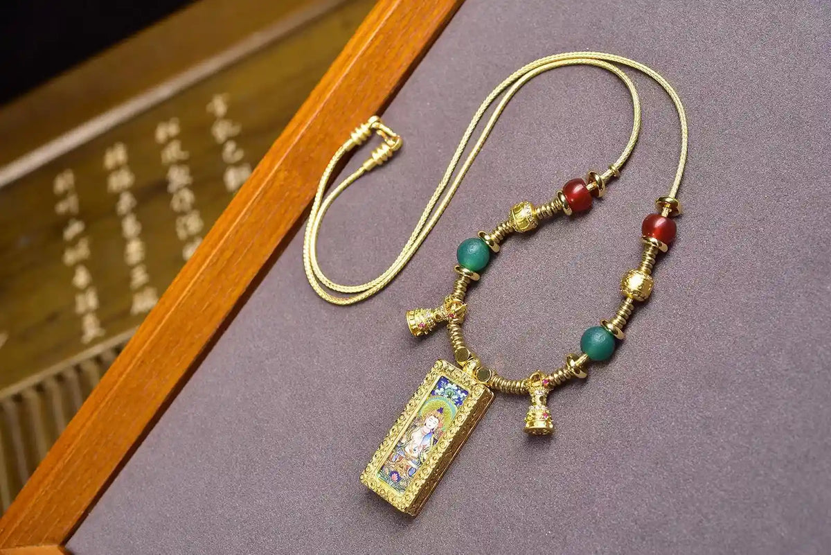 「Four-Armed Avalokiteshvara & Vajra Bell」 Thangka Gau Necklace