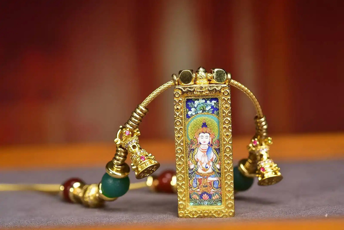 「Four-Armed Avalokiteshvara & Vajra Bell」 Thangka Gau Necklace