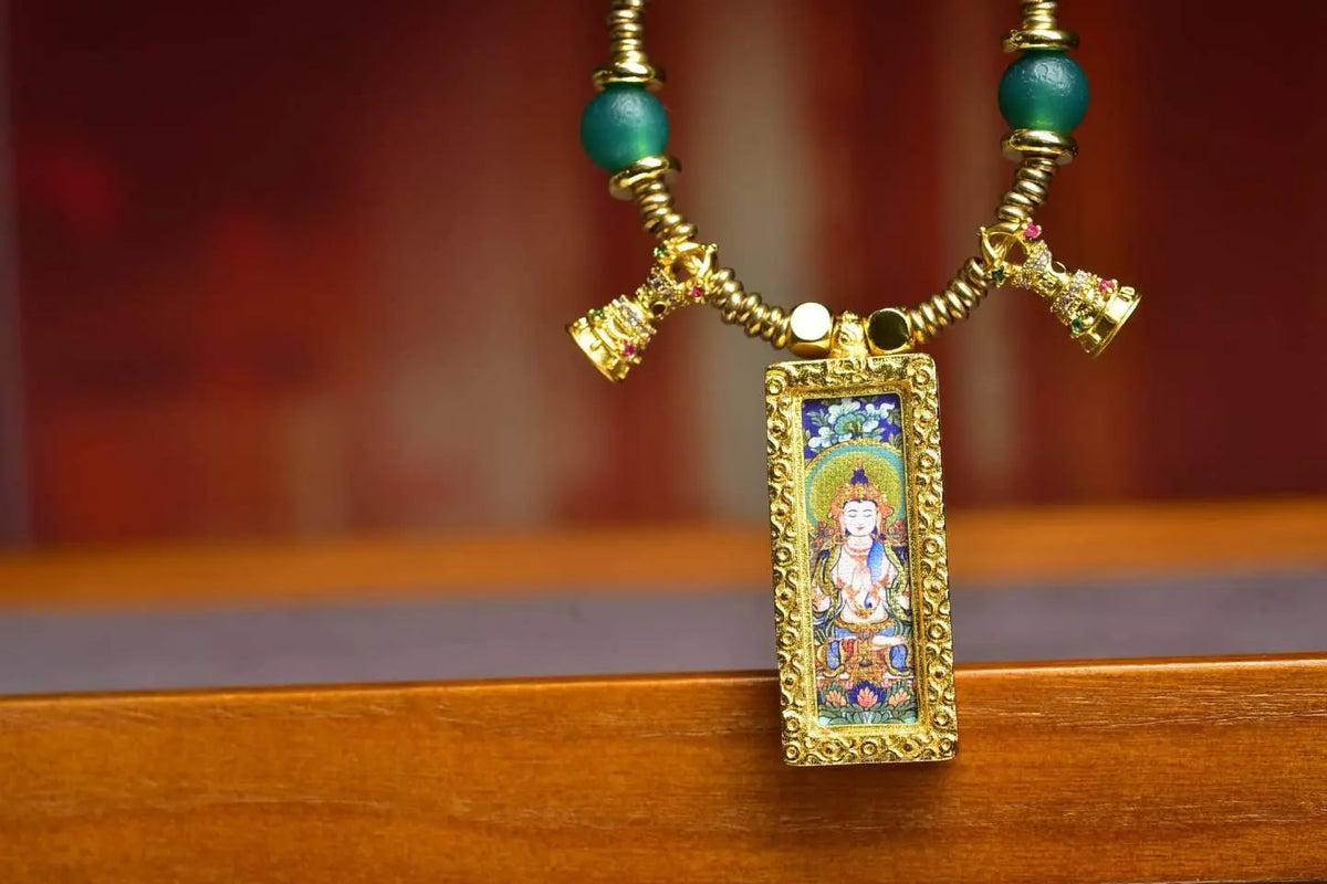 「Four-Armed Avalokiteshvara & Vajra Bell」 Thangka Gau Necklace