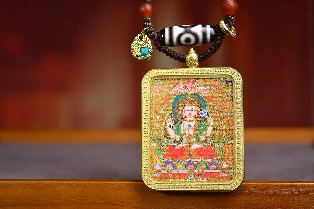 「Four-Armed Avalokiteshvara」 Two-Eye Dzi Thangka Gau Necklace