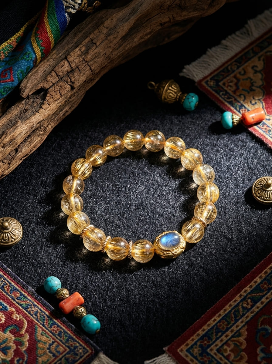 「Golden Shine & Azure Glow」Tibetan Style Natural Citrine Inlaid Aquamarine Bracelet