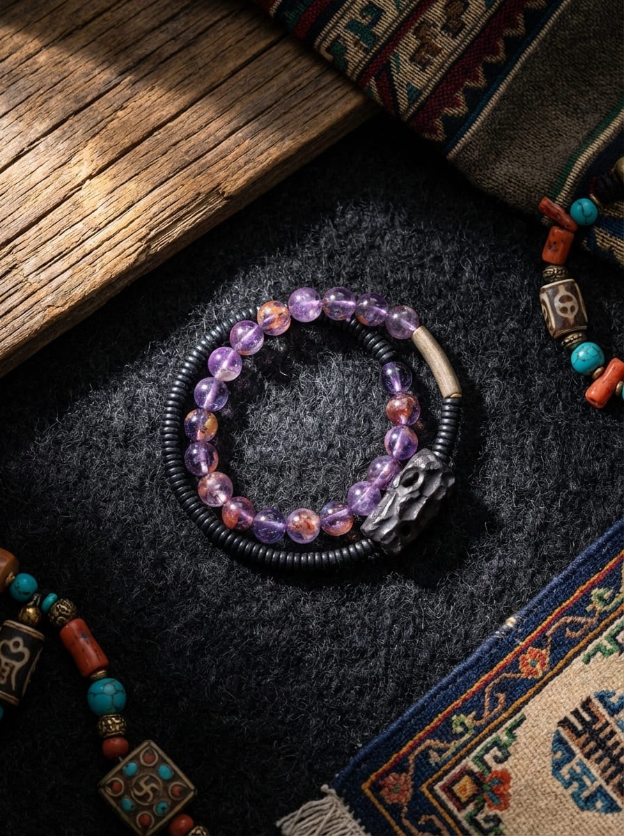 「Gloomy Forest」Original Design Phantom Quartz with Unique Ebony Wood Bracelet