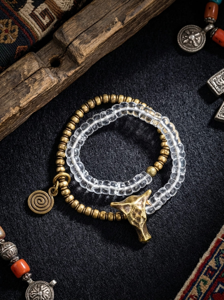 「Ark of Life」Irregular White Crystal & Brass Bull Head Bracelet